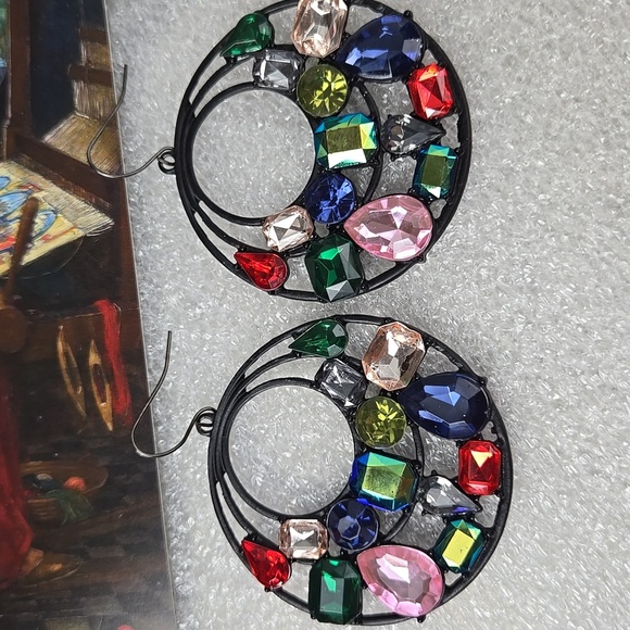 Colorful Fuax Gemstone Black Tone  Big  Earrings - Picture 9 of 17